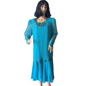 Y2K Mezza Luna by Modi Sequin & beaded Embellished blue Evening Dress size XL
